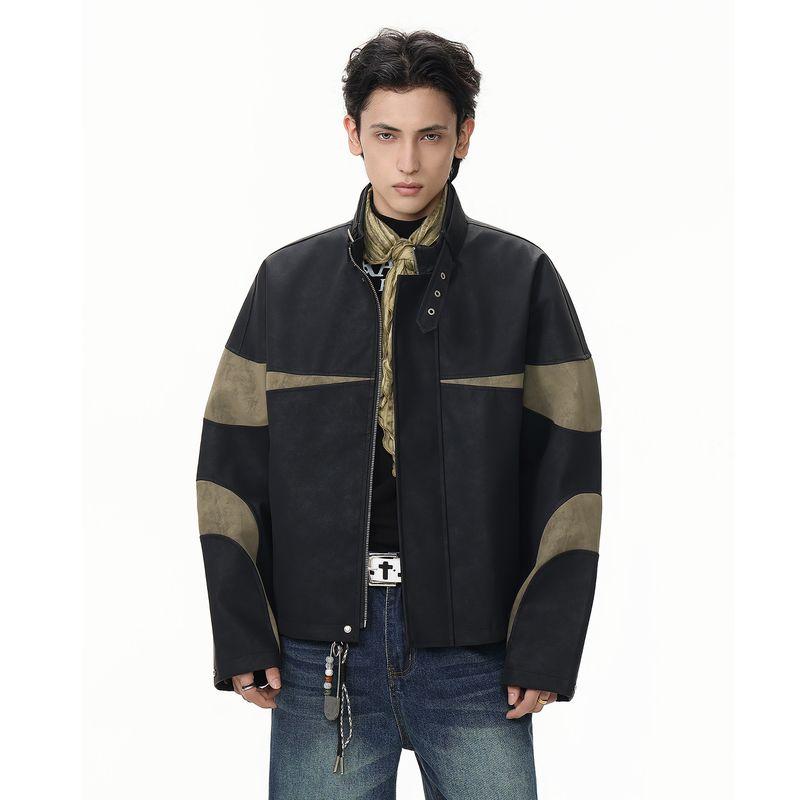 

Acrardic Autumn Fashion Brand Color Matching PU Leather Stand Collar Jacket Men s Street Pu Handsome Motorcycle Clothing Casual Leather Coat Outerwear Black X L