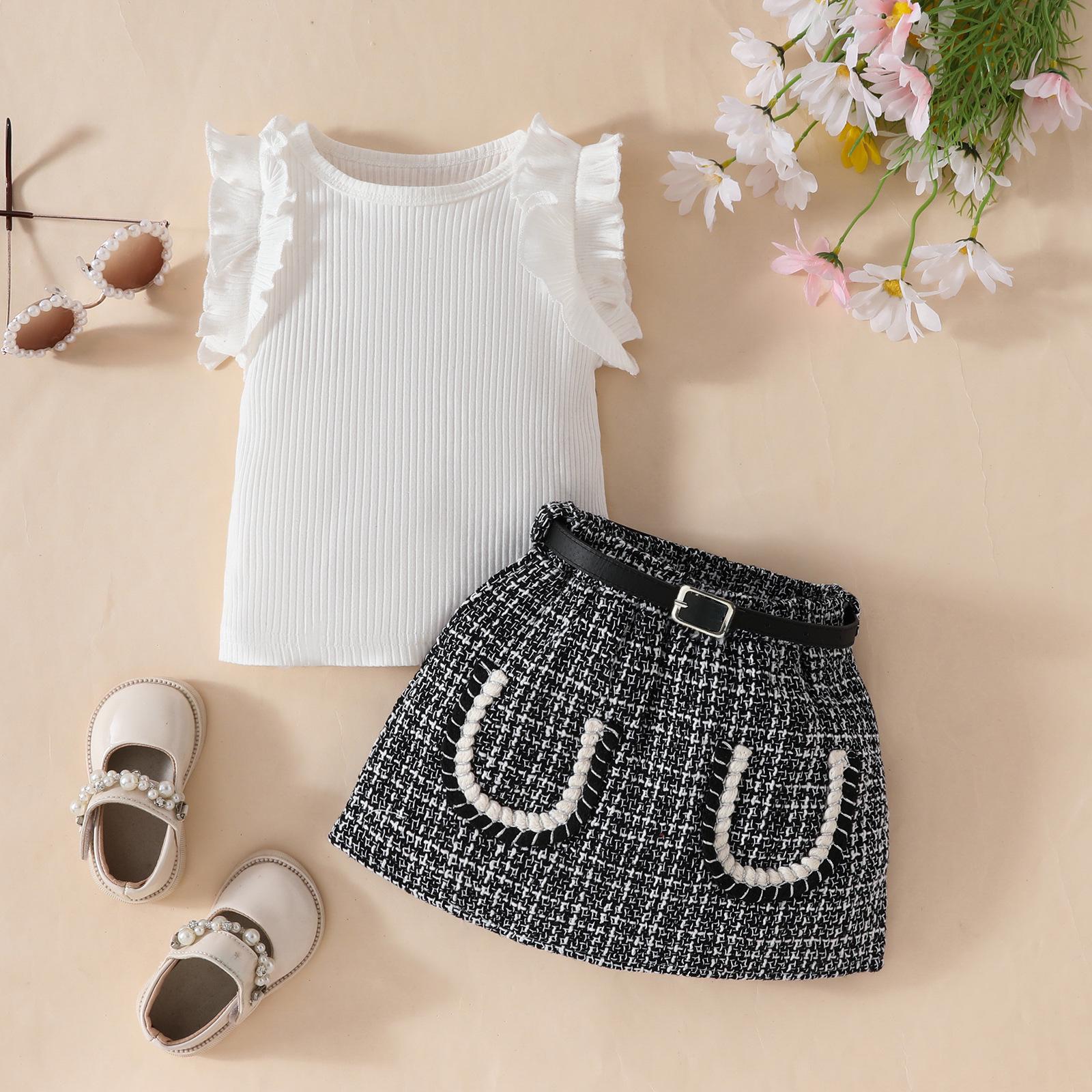 Toddler Girls Summer Ribbed Lace Trim Top with Plaid Tweed Skirt & Belt Set 12-18 Months