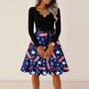Flag Dress for Women Long Sleeve Floral Print 4Th Of July Dresses for Women Patriotic Dress Scalloped Neckline Usa Dress