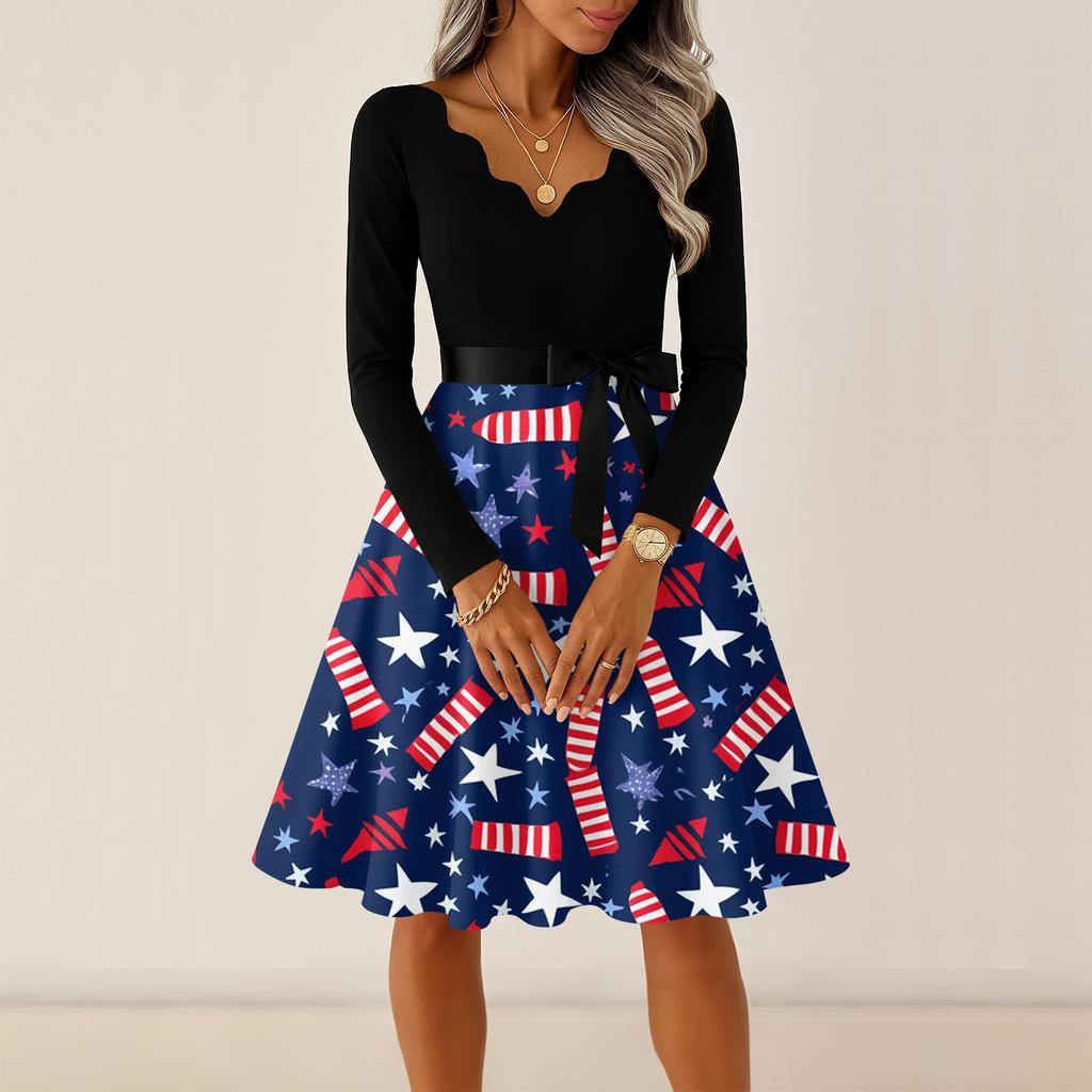 Flag Dress for Women Long Sleeve Floral Print 4Th Of July Dresses for Women Patriotic Dress Scalloped Neckline Usa Dress