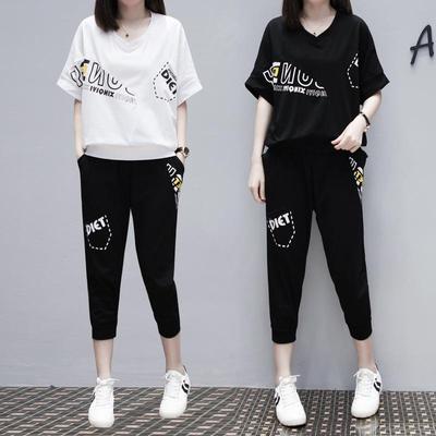 Tuta estiva da donna, due pezzi, casual, ampia, manica corta, scollo a V, maglietta e pantaloni, tuta da ginnastica alla moda, set da donna