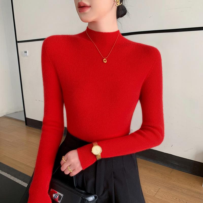 2025 Autumn/Winter Women's Half-High Neck Andy Velvet Slimming Knit Sweater - New Arrival