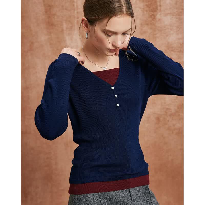 Wudao French Color Block Faux Two-Piece Knit Sweater