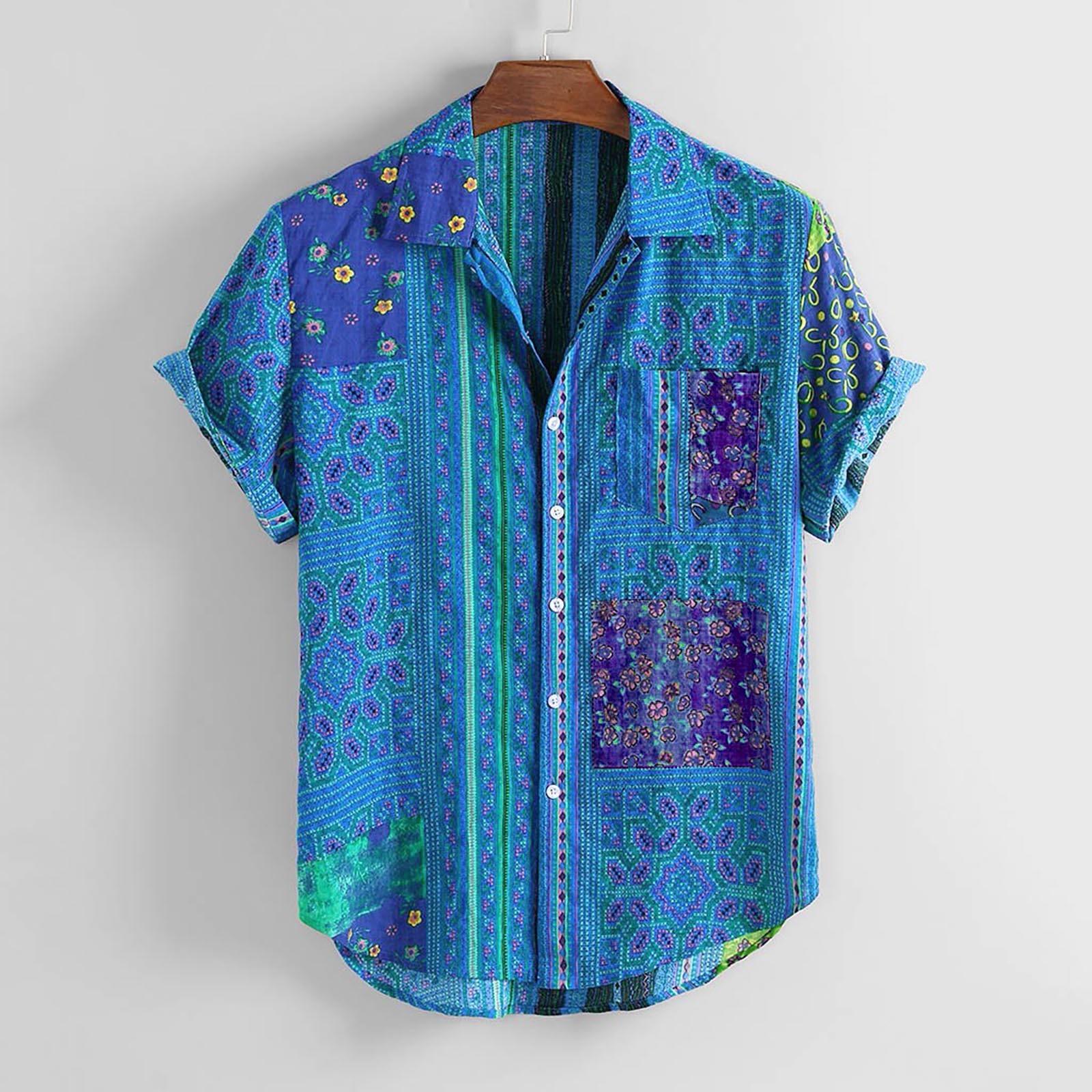 

Мужские винтажные свободные повседневные рубашки с отложным воротником и этническим принтом с короткими рукавами M