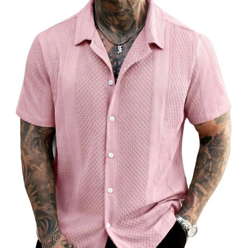 Summer Popular Men's Short-sleeved Shirt Solid Color Knitted Hollow Lapel Breathable Top
