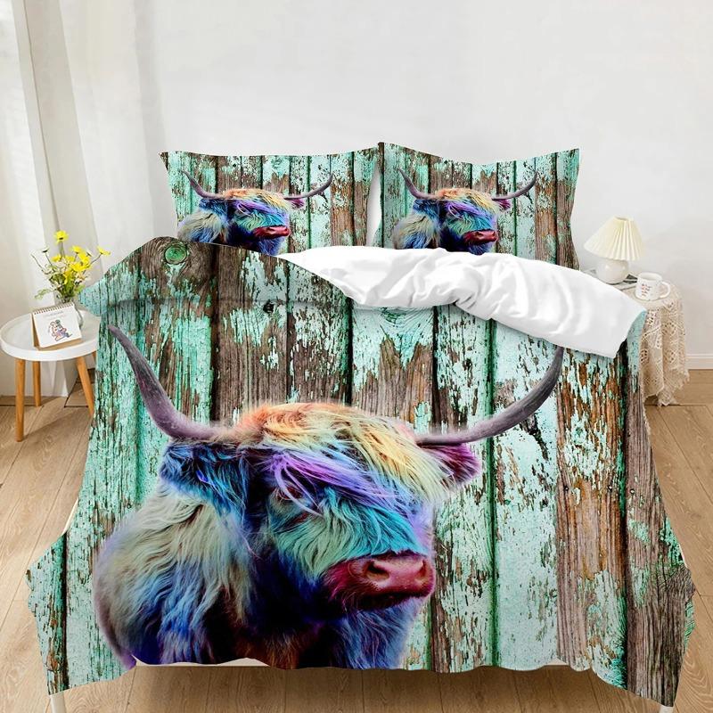 Colored Wool Horse Comforter Cover Set Bedding 3D Print Wood Planks, Green Paint Retro Background Wall Duvet Cover +Pillowcase