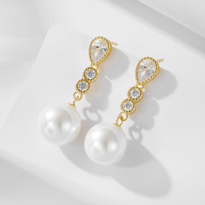 Elegant Long Drop Pearl Earrings Women Sterling With Cubic Zirconia Geometric Waterdrop Design 925 Sterling Silver
