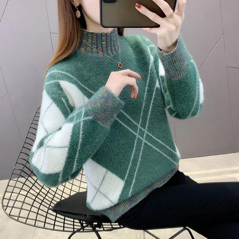 Норковый бархатный вязаный свитер с высоким воротником и утолщенный женский свитер со свободной нижней частью осенью и зимой XXL