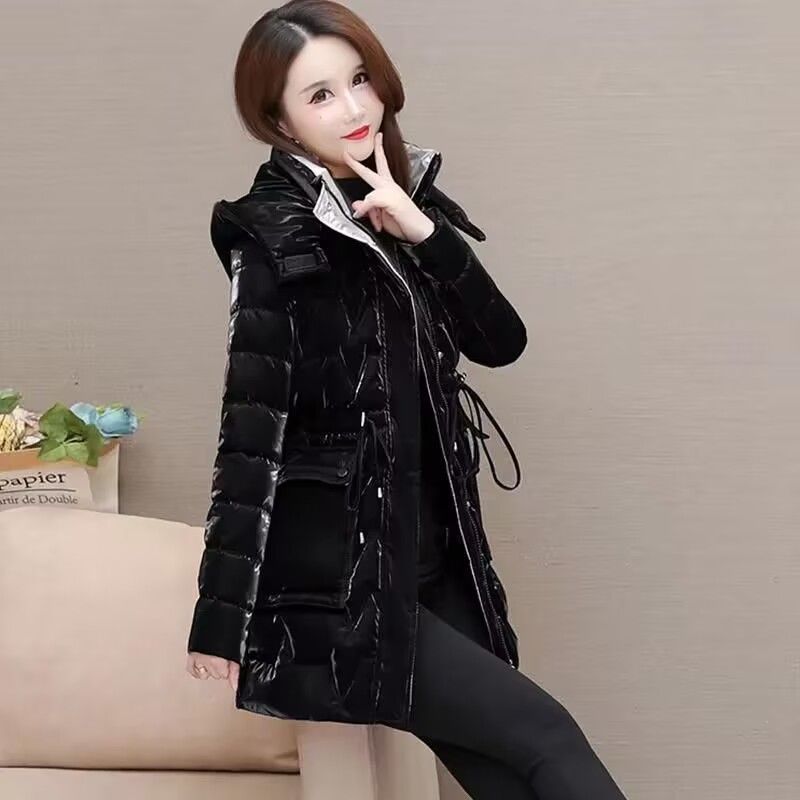 Women's Winter Cotton Coat Pearlescent Shiny Face Mid Length Fashion Foreigner Free Wash Thickened Waist Slim Fit Versatile