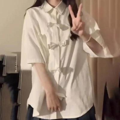 Summer New Chinese Style Shirt for Women Loose Slim Fashion Versatile Solid Color Bow Short Sleeved Tops Women's Turn-down Collar Blouses