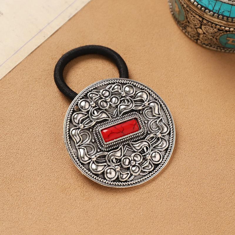 Mongolian Tibetan hair accessories retro turquoise inlaid hair rope niche exotic hair tie rubber band headrope women