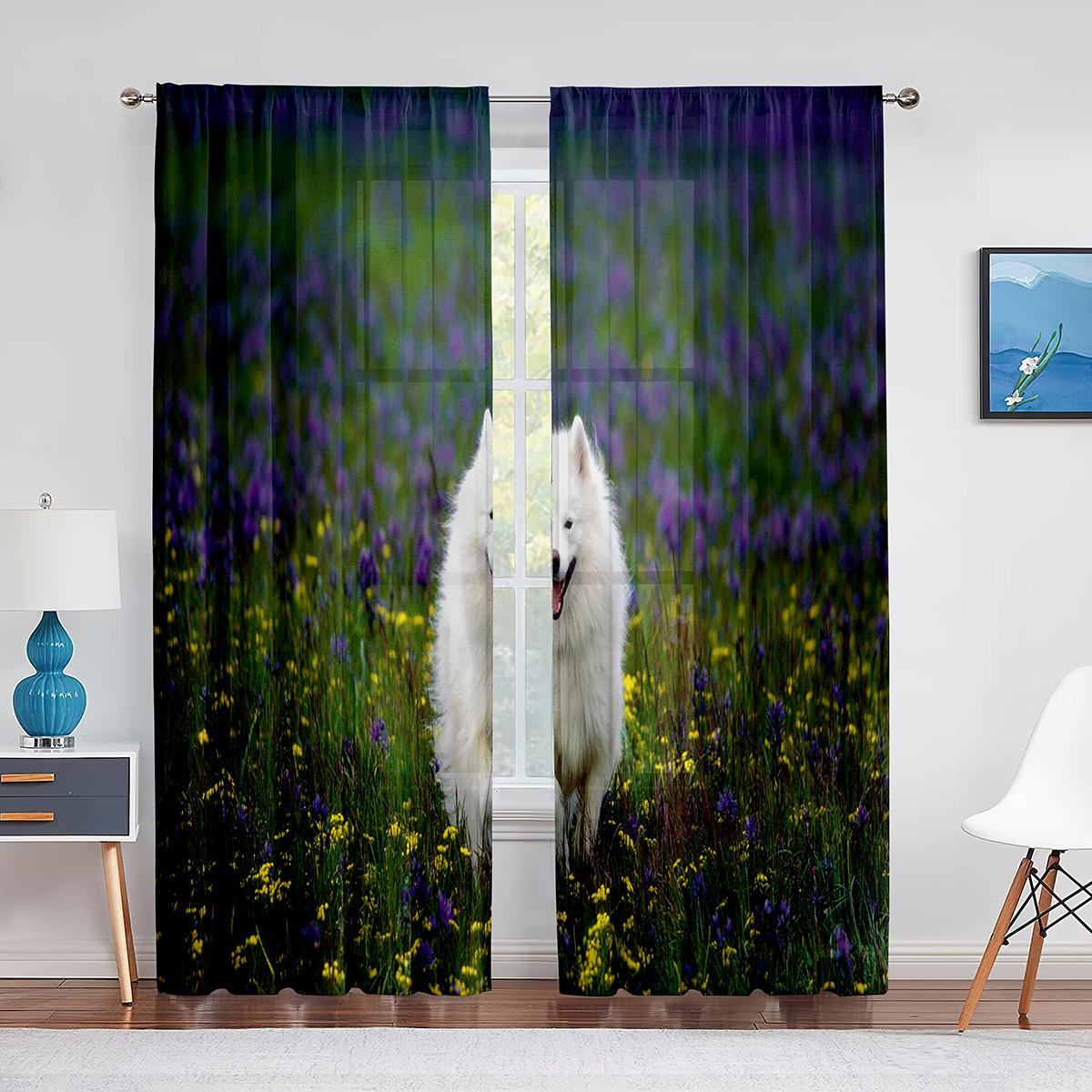 

Самоедская собака фон с зимним лесом, прозрачная вуаль, занавеска для гостиной, спальни, кухонное окно, тюлевые шторы, домашний декор 1 PCS W100XH250cm&Grommet Top