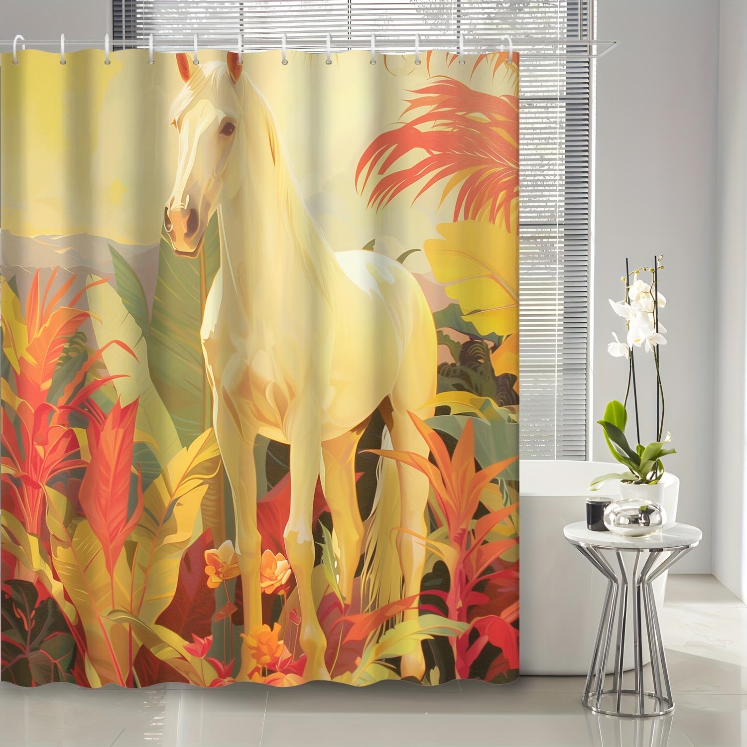 

1pc Autumn Decoration Vintage White Horse Tropical Plants Flowers Shower Curtain, Contains 12 Hooks Shower Curtain, Bathroom Dec 90x180cm35x71in
