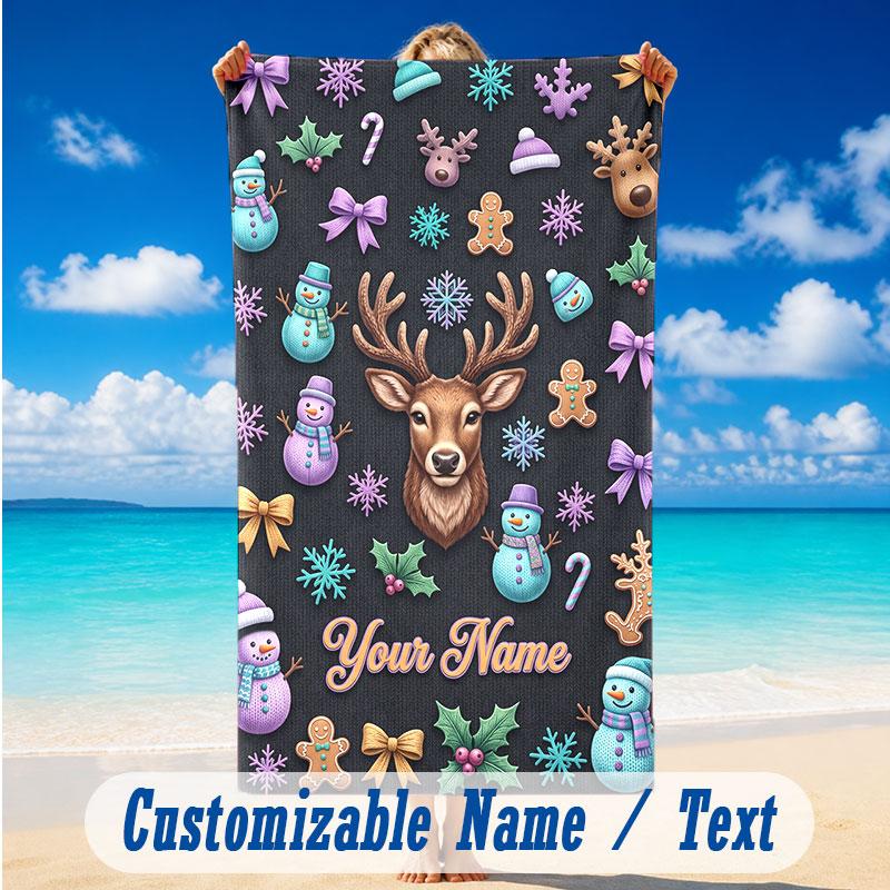 Christmas Theme Beach Towel Personalized Custom Name & Text Soft Quick Dry Beach Towel for Swimming Travel