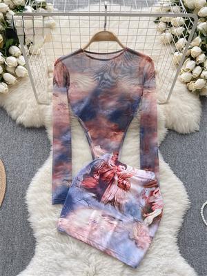 Sexy Fashion Hotsweet Two Pieces Set O Neck Long Sleeved Transparent BodySuit Skinny Skirt Suit Vintage Gothic Tie Dye Print Sets