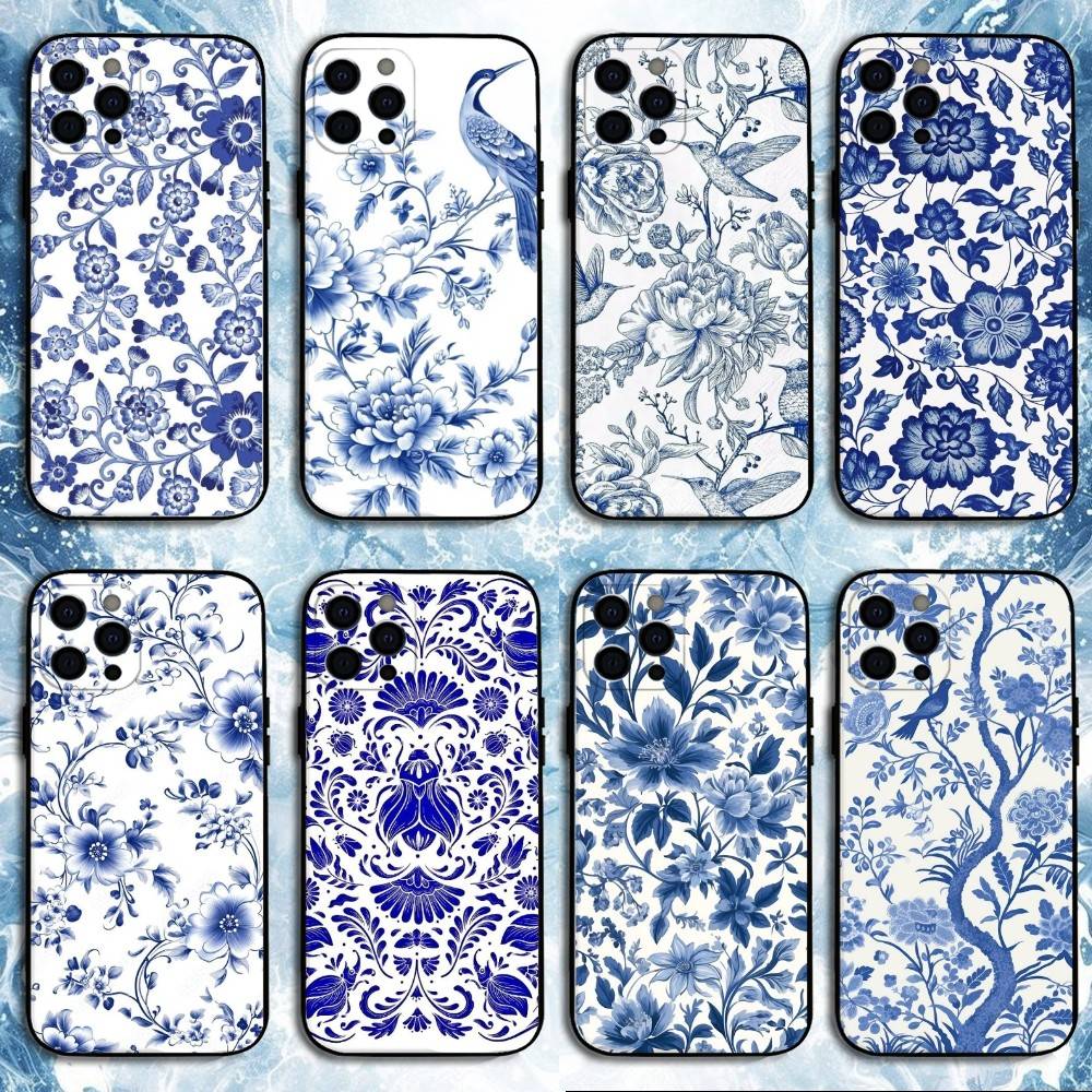 Blue white Porcelain Pattern Phone Case For iPhone17,16,15,14,13,12,11 Plus,Pro Max, Soft Silicone Black Cover
