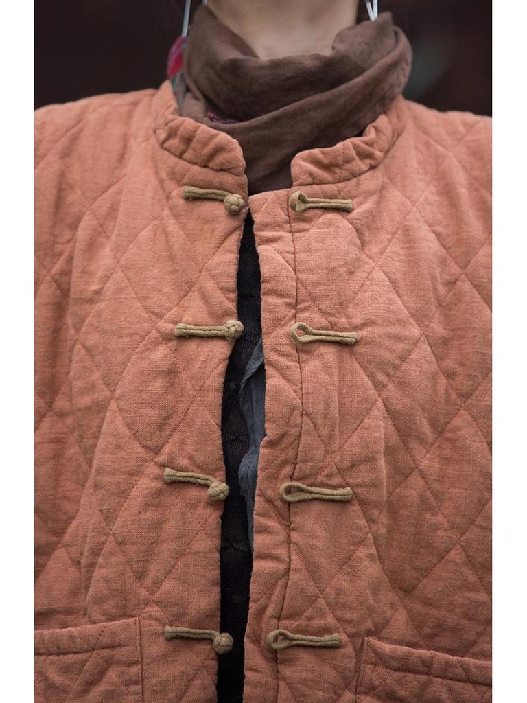 Women's Winter Ramie Quilted Diamond Pattern Cotton Coat with Frog Buttons - Bohemian Style