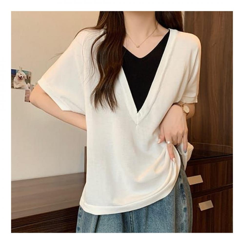 Navava Women S looSe FiT Two In One ShorT Sleeve KniT T ShirT Nk2156