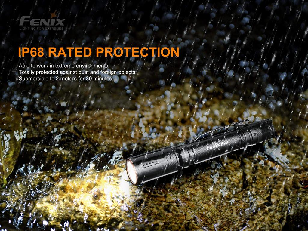 Fenix E20 Max 350 AA Battery Aluminum IP68 EDC V2.0 Flashlight, Lumens, Powered, Construction, Waterproof, Compact,