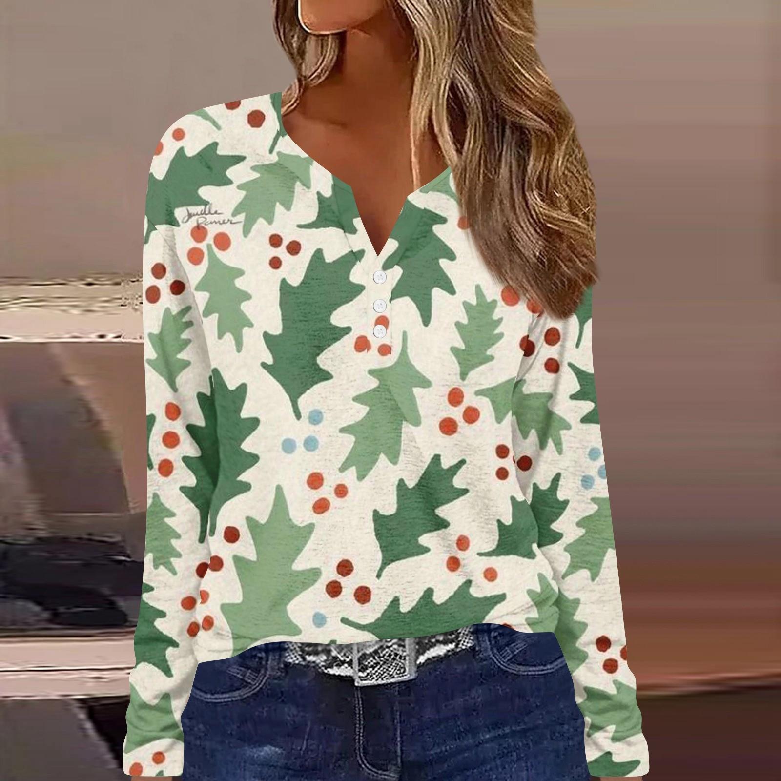 Женская мода повседневная цветочная рождественская печать V-образный вырез с длинными — фото 8