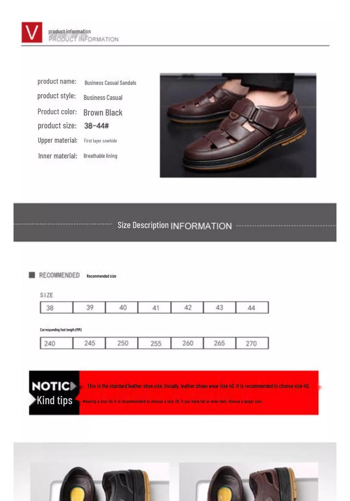 Men's Genuine Leather Breathable Summer Sandals - Large Size, Closed Toe, Perforated Cowhide Beach Shoes