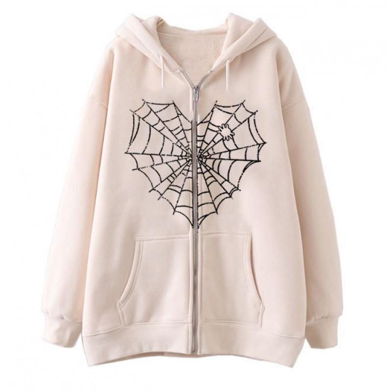 Colorful Spider Web Print Zip Up Hoodie Loose Fit Streetwear Y2K Couple Outerwear