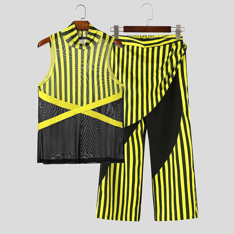 INCERUN 2PCS Men Sleeveless Striped Mesh Sheer Tank Tops Elastic Waist Layers Pants Sets
