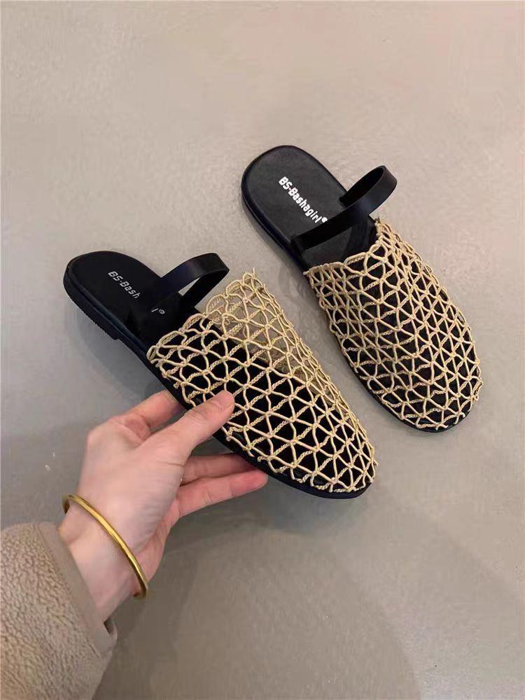 Summer mesh hollow outer wear one word with flat bottom sandals women's niche woven mesh slippers women