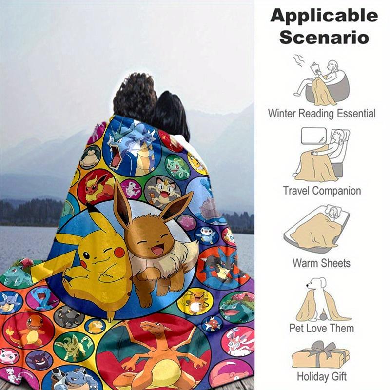 1pc, Pokemon Pikachu & Eevee Circular Patterned Throw Blanket, Perfect for Home Decor, Couch Cover, Outdoor Use, Travel, Camping, Car, Beach, Office N
