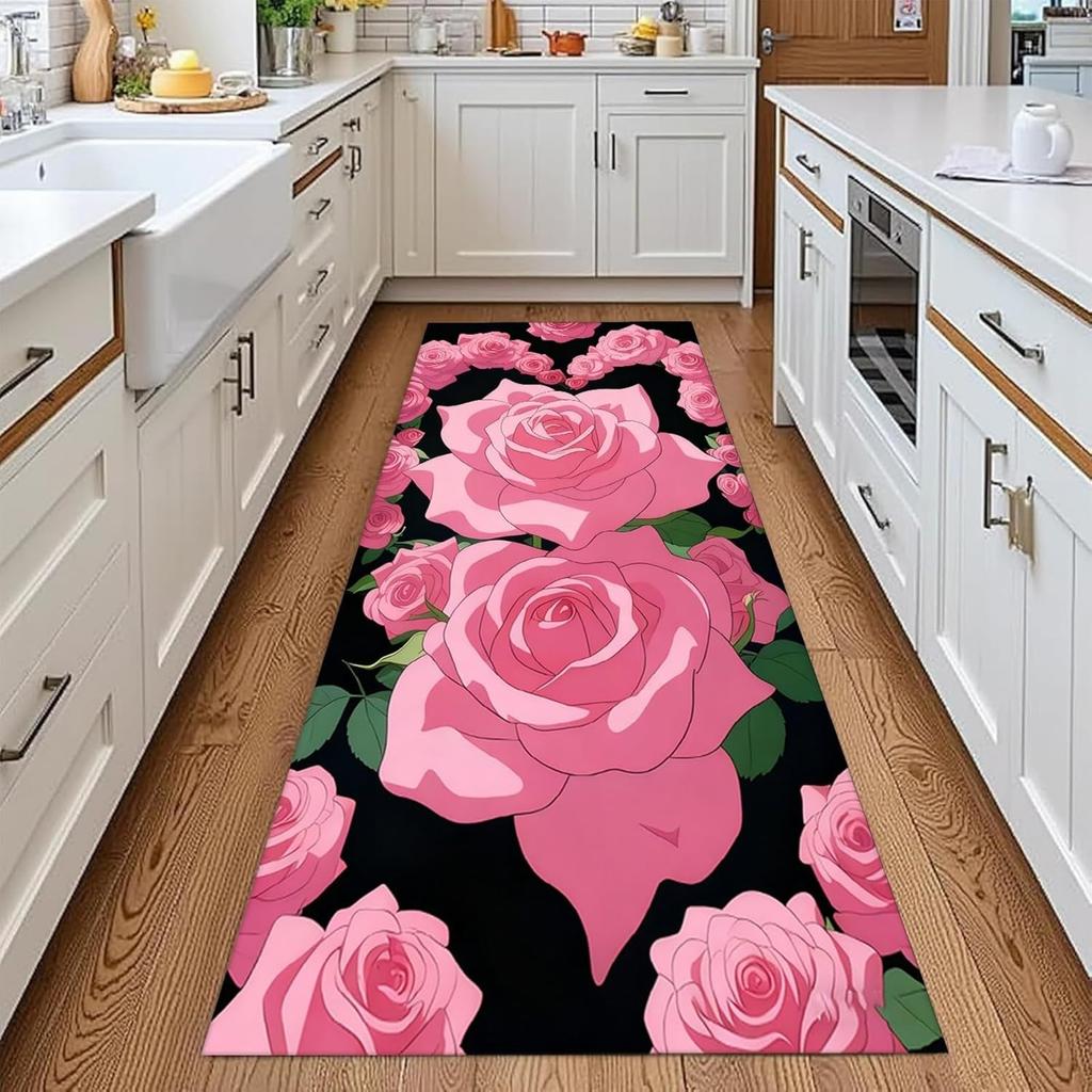 Różowy Kwiatowy Dywanik Biegacz Vintage Romantyczny Nadruk Różowy Antypoślizgowy Dywan Salon Korytarz Sypialnia Kuchnia Dekoracja Walentynkowa