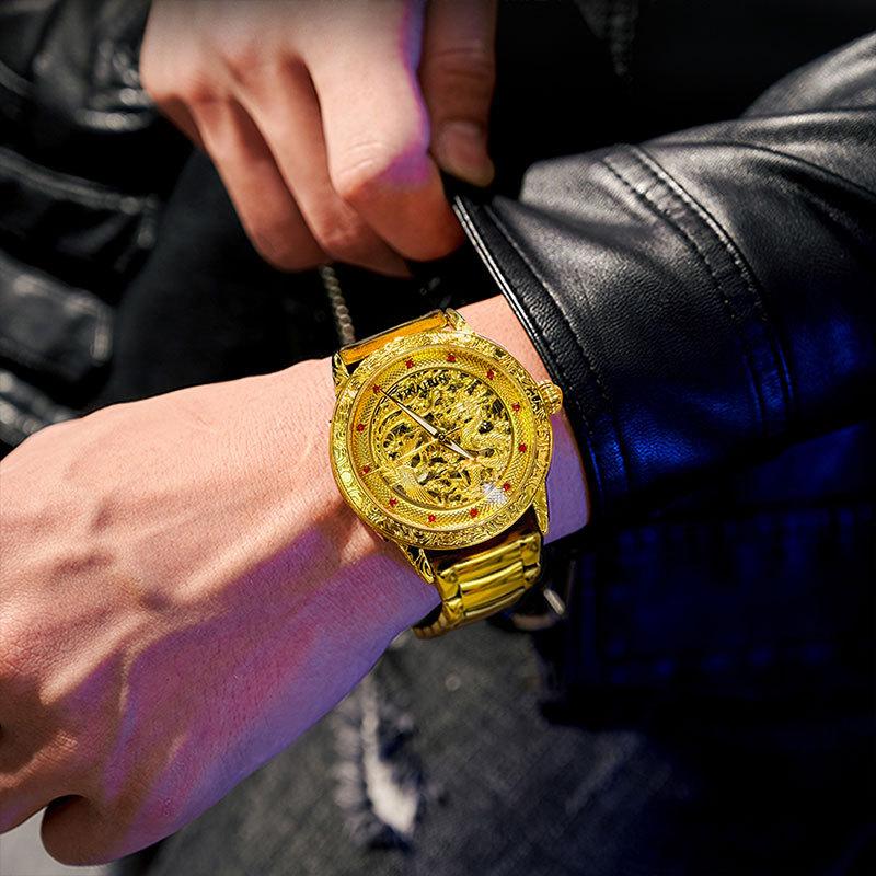 Men Gold Mechanical Watch Dragon Phoenix Skeleton Stainless Steel Watch