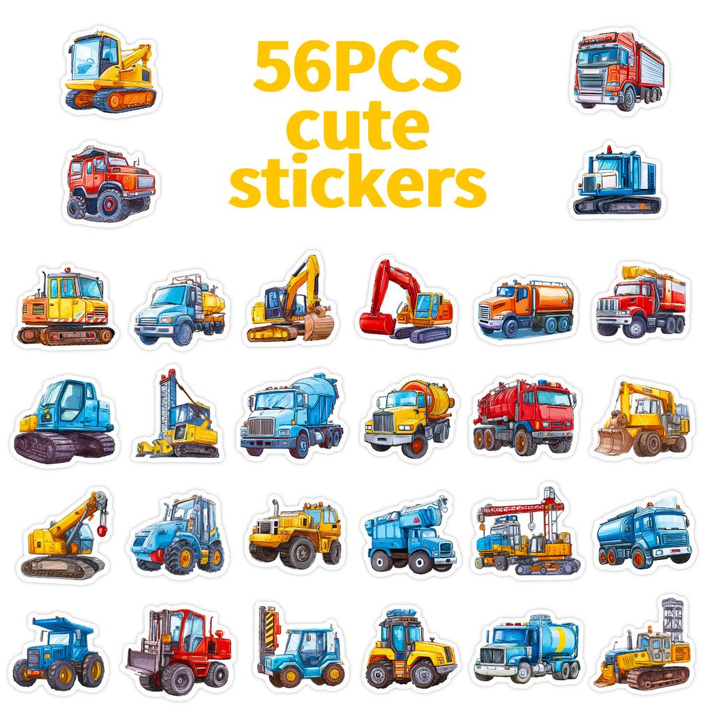 56 Construction Vehicles Cartoon Stickers Childlike Fun Mixer Excavator Waterproof Personalized Stickers