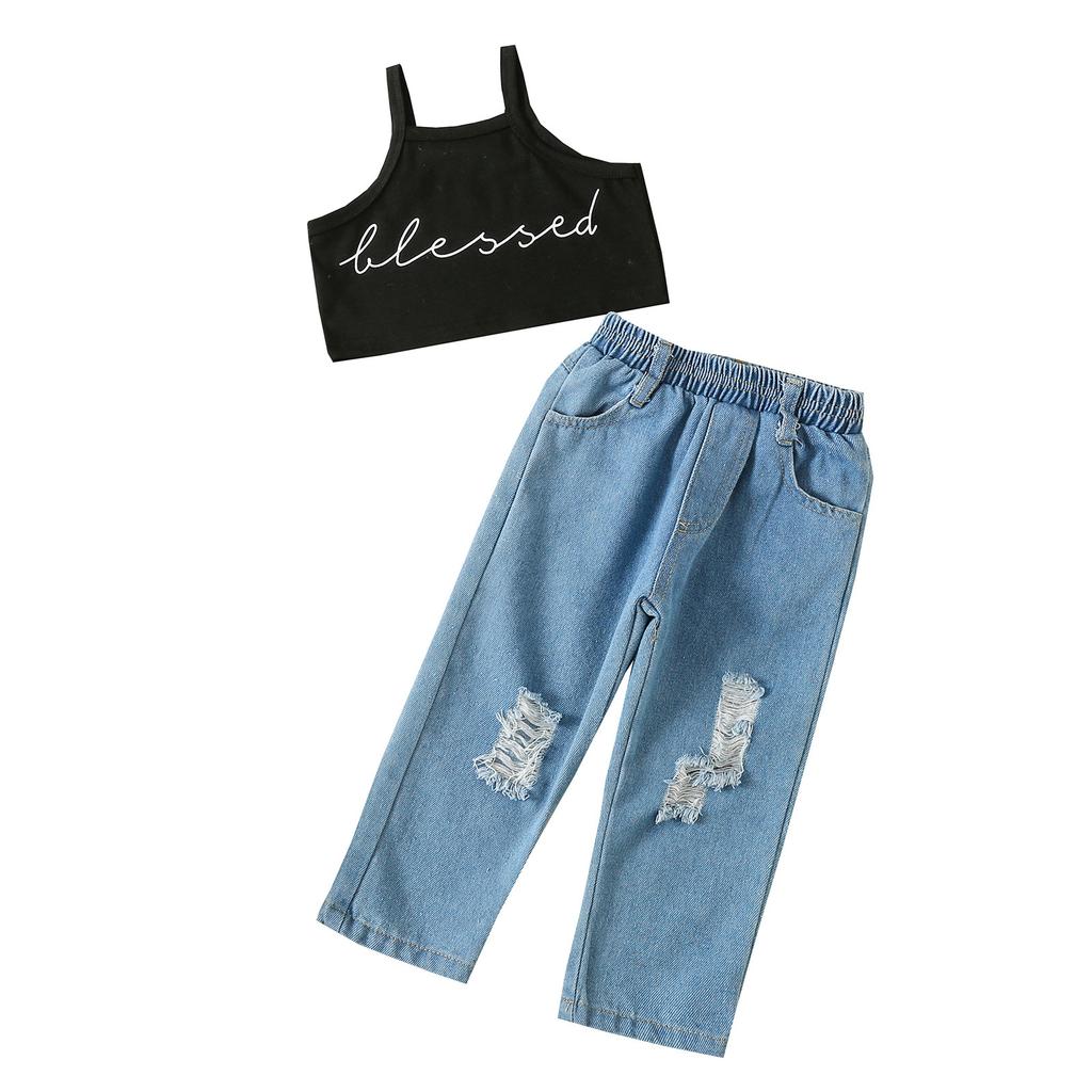 Summer Children's Fashion Short Letter Halter Top and Wide-leg Pants Two-piece Set