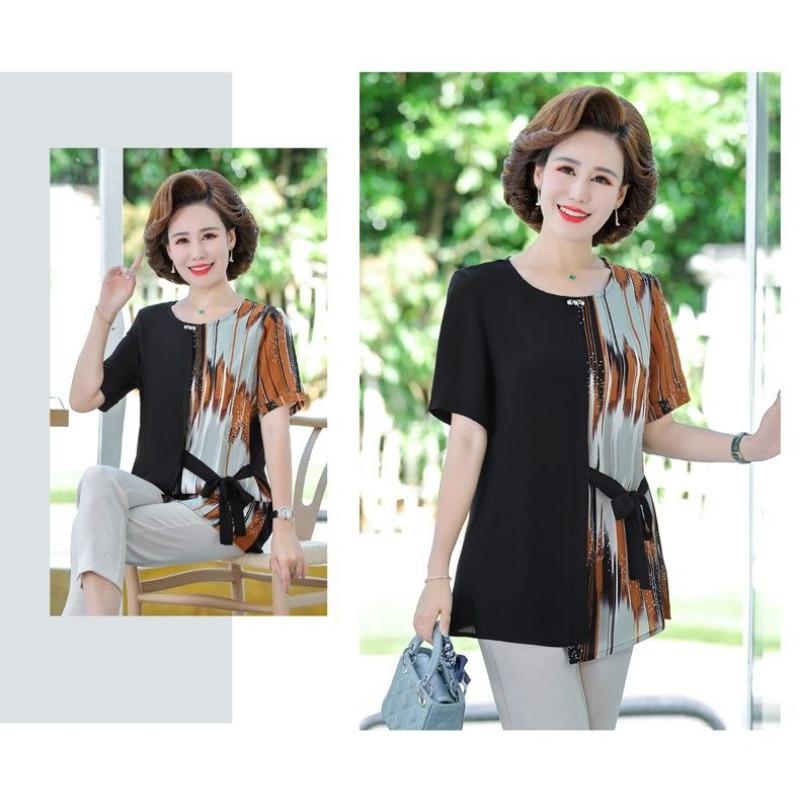 Western-style Loose Short-sleeved Chiffon Shirt Middle-aged and Elderly Summer Round-neck Fashionable Small Shirt