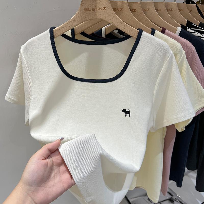 White Puppy Embroidered Cotton Square Collar Short Sleeve T-shirt Women's Summer Loose Top