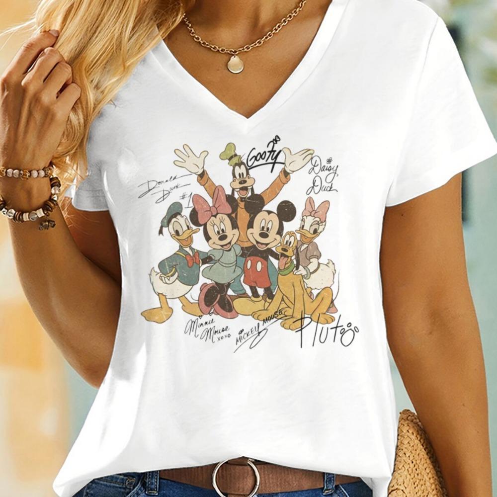 

Vintage Mickey and Friends Graphic T Shirts Women Signature V Neck T-Shirt Retro Cartoon Graphic Tees Casual Short Sleeve Tops S