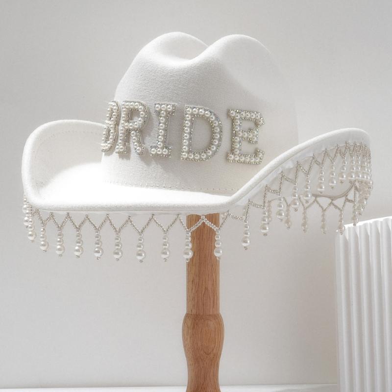 Luxurious Pearls Cowboy Hats Bride Hat Panama Hat for Bachelorette Party Cowboy Hats for Club Stage Shows