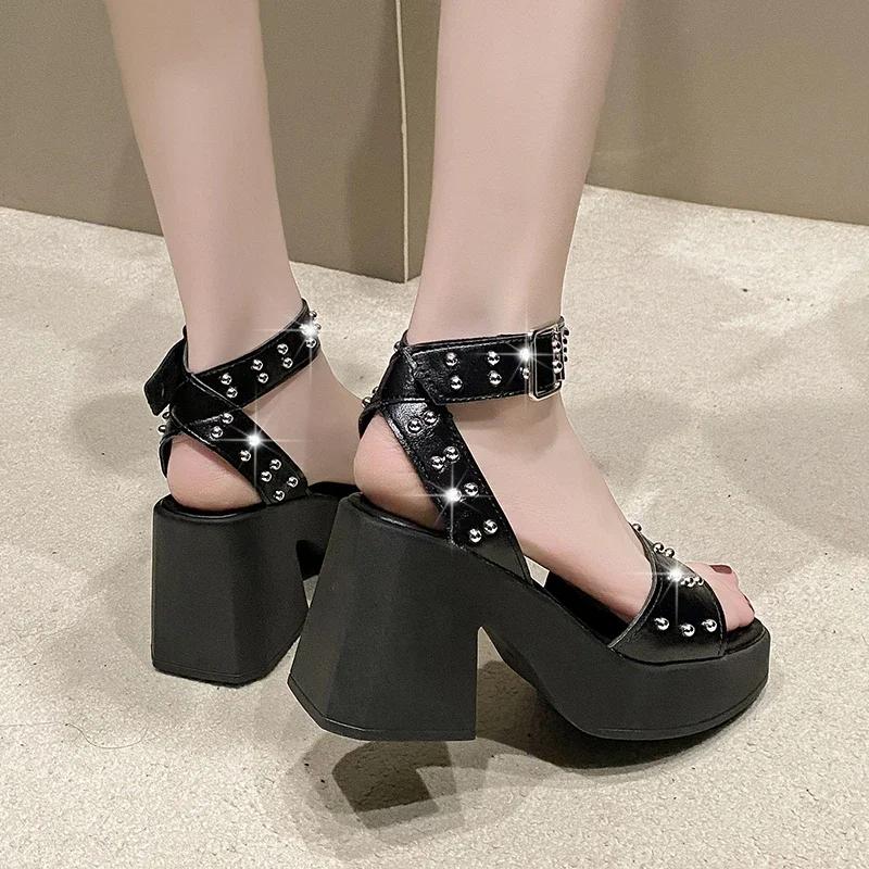 Fashion Shoes for Women New Brand Ankle-wrap Women's Sandals Platform Dress Heeled Sandal Rivet High Chunky Heel Buckle Strap High Heels
