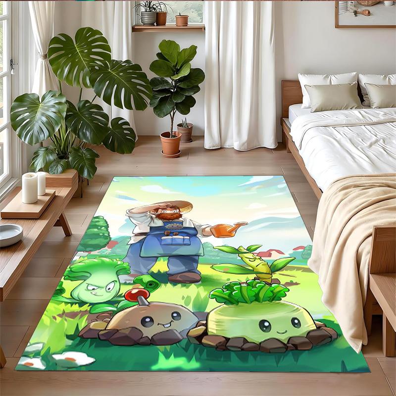 Anti‑Slip Crystal Velvet Floor Rug, Plants vs. Zombies Design Carpet for Indoor Living Bedroom Home Decoration