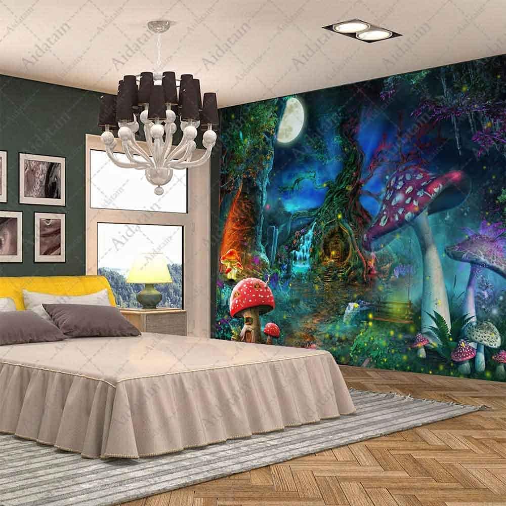 Fantasy Mushroom Forest Tapestry for Teen Girl Magical Tree of Life House Full Moon Wall Hanging Fairy Tale World Tapestries