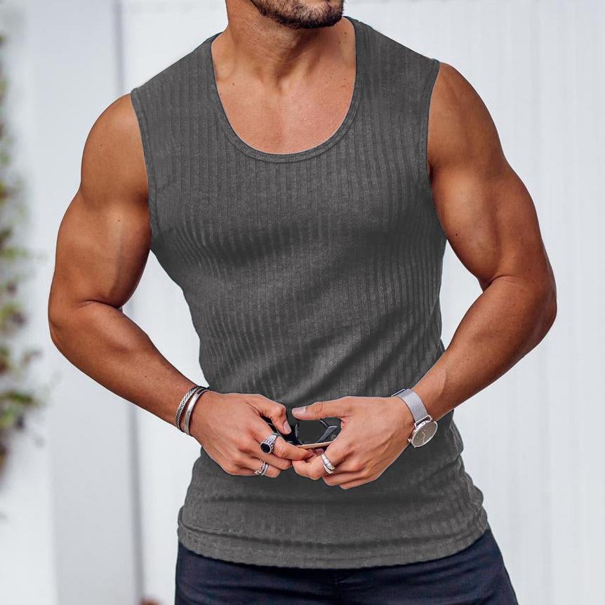 Rib Knitted Man Vests Summer Casual O-Neck Sleeveless Slim Stretch Sporty Tank Muscle Tops Fitness Clothing