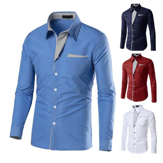 

Мужская весенняя рубашка на пуговицах с длинными рукавами, сплошной цвет с лацканами, однобортный теплый накладной карман, плюс размер, мужской топ средней длины для офиса