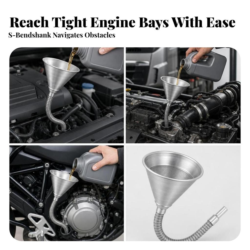 Metal Funnel with Flexible Hose Long-Lasting for Garage, Repair Shops, Mechanics