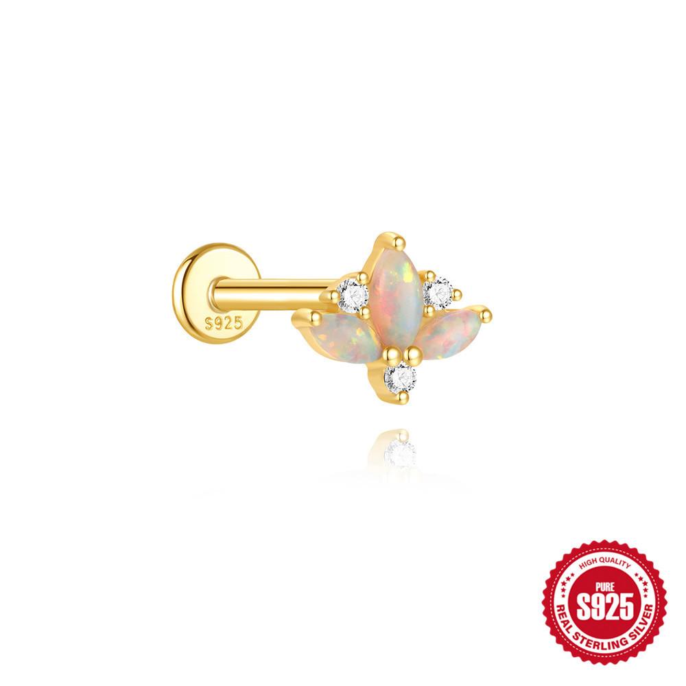 S925 Sterling Silver 2026 Daily Wear Geometric Splicing Opal Bow Diamond Cartilage Spiral Puncture Stud Earrings 16G