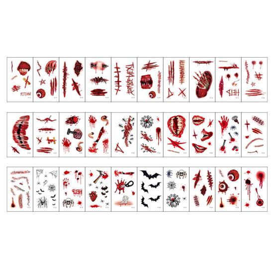 Disposable Horror Theme Props 30Pcs Halloween Scar Tattoo Stickers, Realistic Fake Wound Decals for Water Transfer Film Paper Face Body, Waterproof