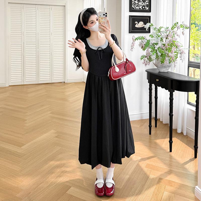 

2026 Sweet Casual Color Block Black Short Sleeve Maternity Dress XL чорний