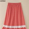 VONDA Women Elastic Waist Front Lace Hem Floral Print Casual A-Line Pleated Swing Skirts