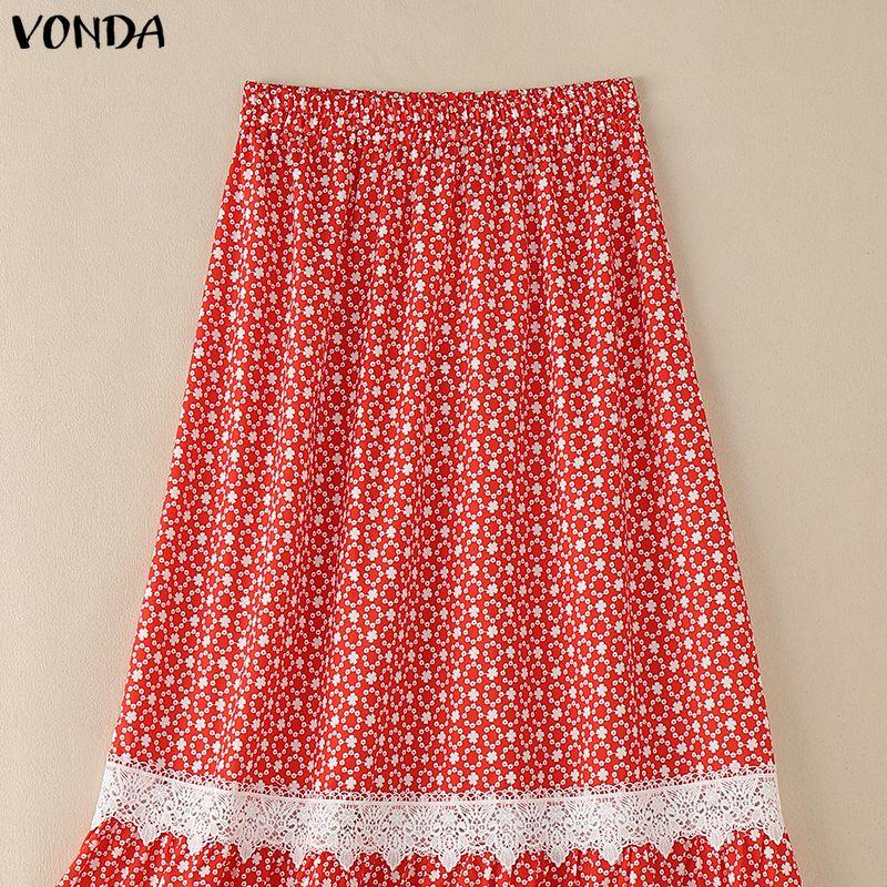 VONDA Women Elastic Waist Front Lace Hem Floral Print Casual A-Line Pleated Swing Skirts