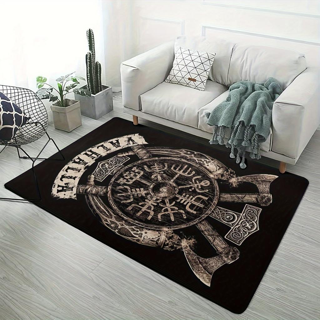 Retro Style Viking Area Rug Valhalla Shield and Hammer Pattern Non-Slip Thick Soft Carpet for Living Room Bedroom Office Yoga