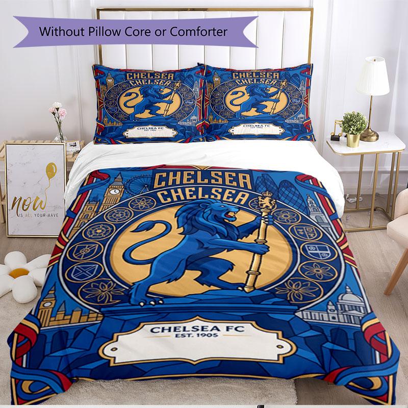 3-teiliges Bettbezug-Set (1 * Bettbezug + 2 * Kissenbezug, ohne Kern), Chelsea Football Club Druck Weiches Ganzjahres-Bettwäscheset, Heimschlafzimmer-Dekoration Geschenk